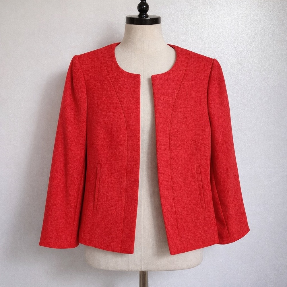 🔥 Tahari ASL Petite 2P Dark Coral Open Front Blazer Jacket Career Office NWT